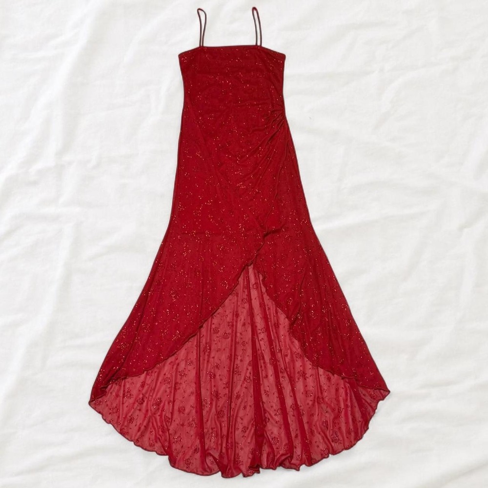 Taboo Red Glitter Floral Mesh Handkerchief Hem Prom Dress Y2K Fairycore Small